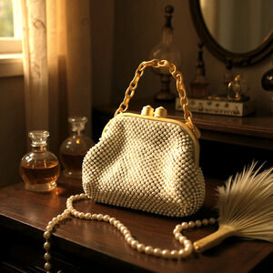 Vintage Whiting Davis Alumesh Bakelite Frame Kisslock White Metal Mesh Purse Bag